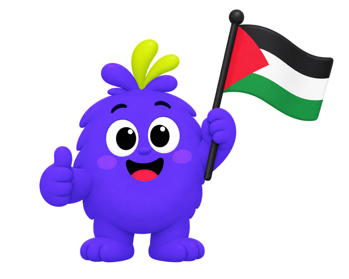 Boomoodle mascot holding a Palestine flag